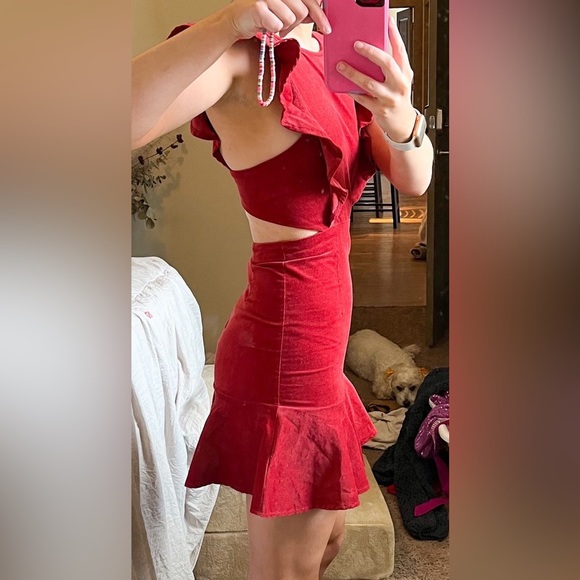 Red Ruffle Cutout Corduroy Bodycon Mini Dress - Picture 2 of 3